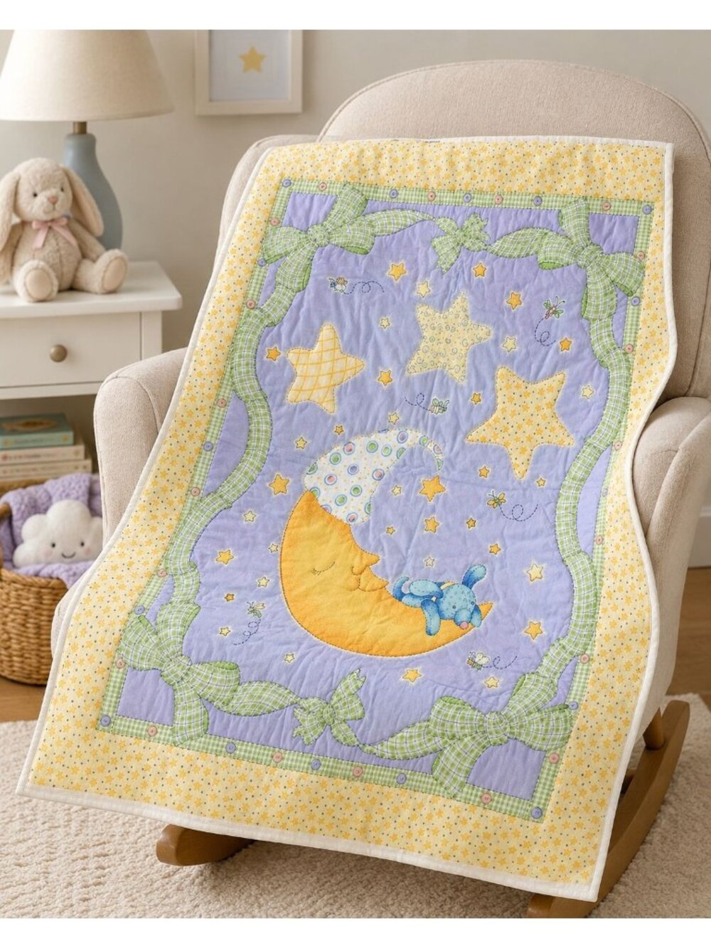 Unfinished Baby Quilt Panel Moon & Stars Machine Quilted Poly Batting Yellow UFO